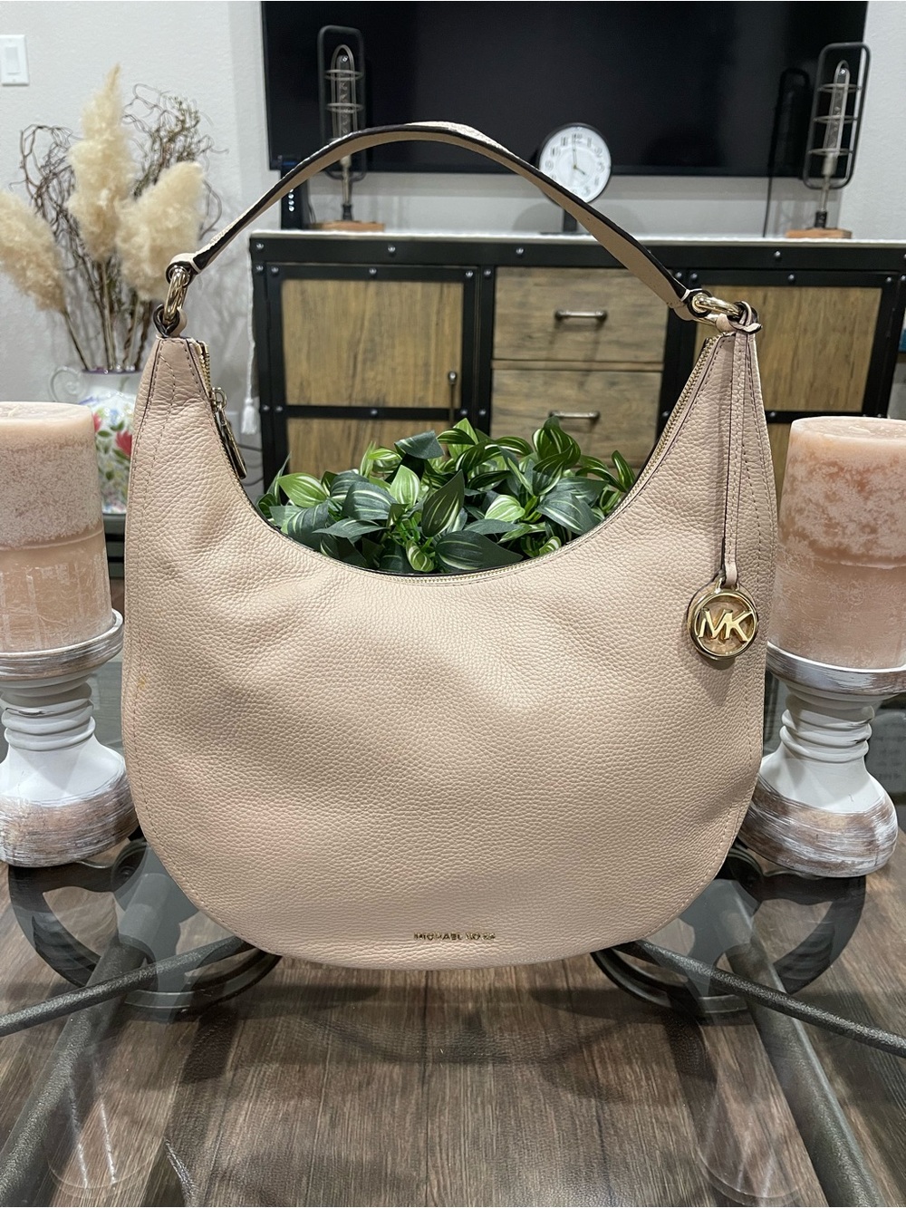 MICHAEL Michael Kors Pebbled Leather Hobo in Rose Beige, Gold Tone Hardware